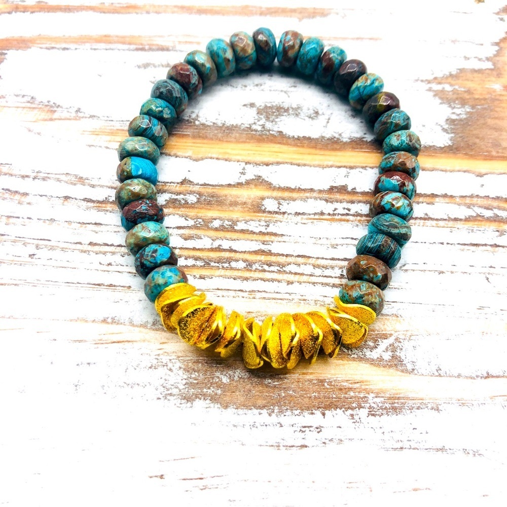 Ocean Jasper Stone 24K Gold Ruffle Mala Bead Bracelet